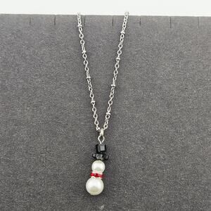 Beaded Snowman Pendant On Silver Tone Chain Necklace Winter Holiday Christmas